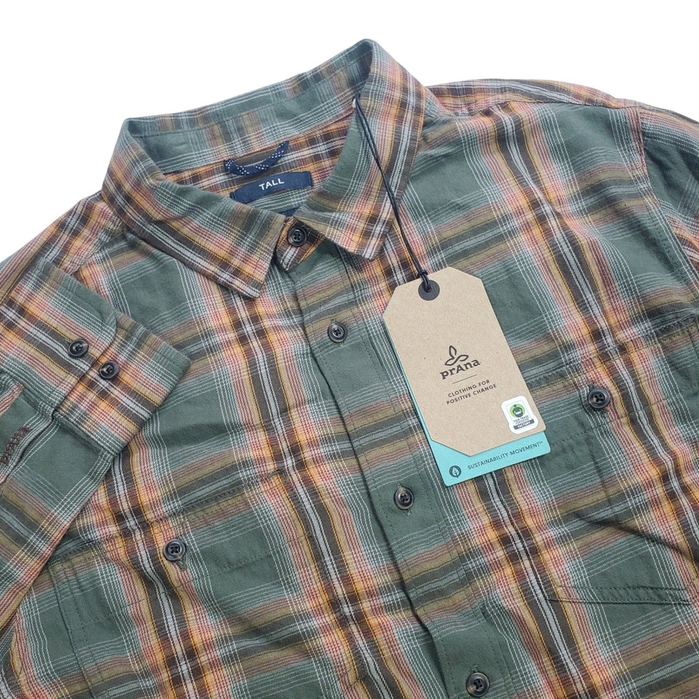 Prana Dolberg Flannel Shirt Mens Small Tall Kale Green Plaid Organic Cotton New